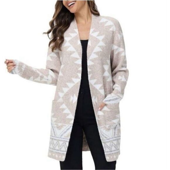 Aztec Frye Women's Open Front Knit Cozy Comfy Cardigan Beige Size Large - Picture 1 of 5